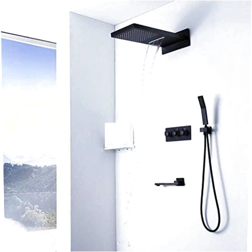 Zi Gu Showers, Black Shower Faucet Rain And Waterfall Shower Head Hot Cold Brass Shower Valve Wall Mounted Bathroom Shower Mixer Set HIDEEP