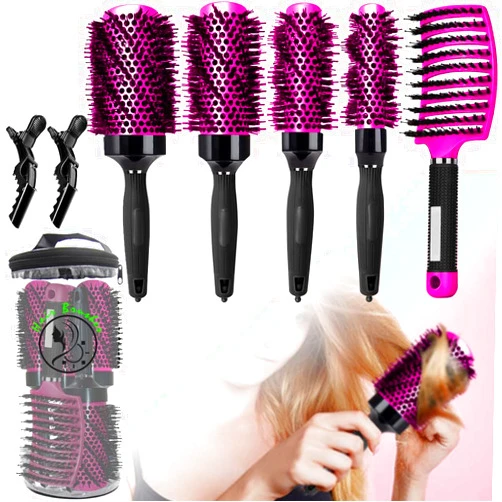 Aozzy 5pcs Round Brush Set for Blow Drying with Vented Curved Brush, Professional Hair Styling Brush, Reduce Frizz Hair, Round Curling Brush Boar Bristle Round Hair Brush for Women