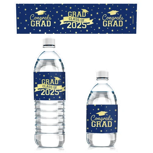 DISTINCTIVS Blue and Gold Graduation Party Water Bottle Labels, Class of 2025 Water Bottle Waterproof Wrappers - 24 Stickers