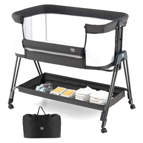 BABY JOY Bassinet Bedside Sleeper, Easy Folding Crib w/All-Side Mesh, Storage Shelf, 7 Adjustable Heights, Mattress & Travel Bag for Safe Co-Sleeping, Portable Bed for Newborn Infant -Black