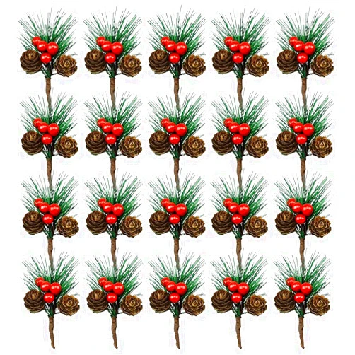 MOMOONNON 20PCS Artificial Red Berry Pine Picks Pine Needles Branches with Red Berry Stems Artificial Winter Christmas Berries Decor for Crafts Christmas Tree DIY Garland Holiday Wreath