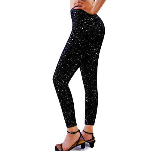 Kryntex Black Sparkly Leggings for Women, High Waisted Sparkle Pants, Stretch Glitter Party Legging for Club Holiday Night Out