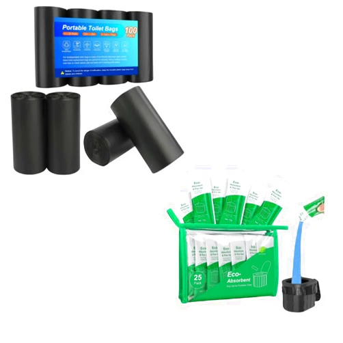 Siewl 100 Portable Toilet Bags, Camping Toilet Bags, Biodegradable Porta Potty Bags,Siewl 25Pack Portable Toilet Absorbent Gel Powder, Poo Gel for Camping Toilet Powder