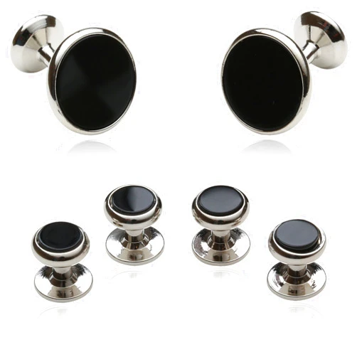 Cuff-Daddy Mens Black Onyx and Silver Cufflinks Studs Tuxedo Formal Set with Presentation Box Groom Groomsmen Wedding
