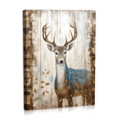 DEORAIO Deer on Wooden Board Canvas Wall Art Forest Print Nature Poster for House Living Room Bedroom Home Decorations Gift Framed Ready To Hang 12x16 Inches