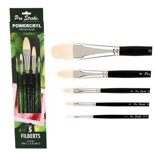 Creative Mark Pro-Stroke Powercryl Acrylic Paint Brushes - Filberts Value Set of 5, Synthetic Paint Brushes for Artists, Seamless Nickel-Plated Ferrules, Matte Black Wooden Handle, Soft-Touch Grip