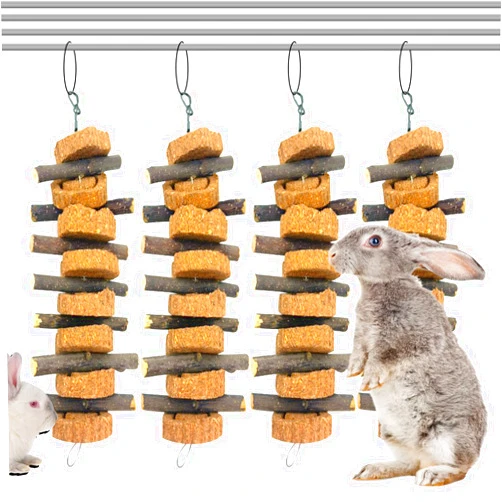 PINVNBY Rabbit Chew Toys for Teeth Hanging,Natural Apple Bunny Chew Sticks Small Animals Molar Wood for Rabbits Chinchillas Guinea Pigs Hamsters Small Pet Chewing Improve Dental Health(4 Pcs)