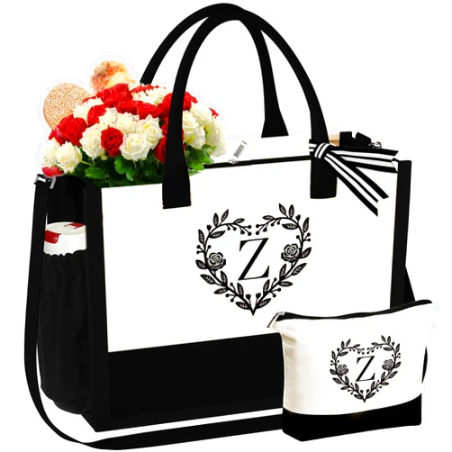 YOOLIFE Gifts for Women - Monogram Initial Beach Tote Bag with Makeup Bag Mothers Day Birthday Gifts for Women Her