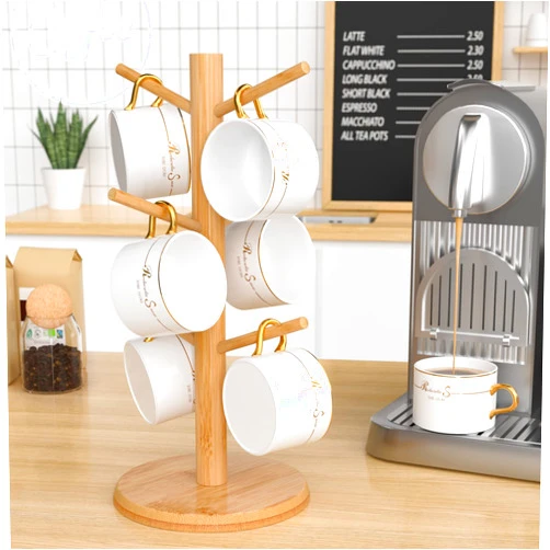 Wisuce Bamboo Mug Tree with Thicker Base - Countertop Coffee Cup Stand with 6 Hooks