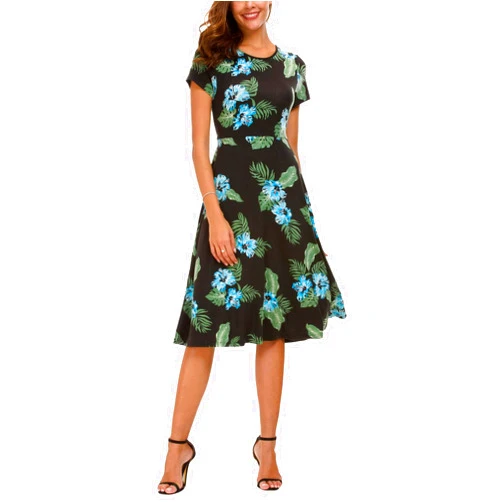 Urban CoCo Women's Floral Print Short Sleeve Flared Midi Dress
