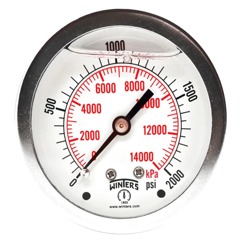 Winters Instruments - PFQ910 -910 PFQ Series Stainless Steel 304 Dual Scale Liquid Filled Pressure Gauge with Brass Internals, 0-2000 psi/kpa,2-1/2
