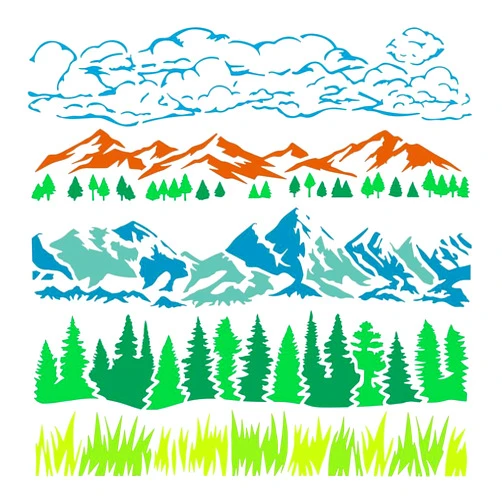 FINGERINSPIRE Natural Scenery Border Painting Stencil 11.8x11.8inch Reusable Grass Pine Trees Mountains Clouds Pattern Drawing Template Decor Stencil for Painting on Wood Wall Paper Furniture