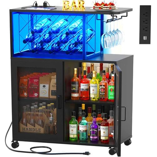 Girapow Small Bar Cart with Wheels, Liquor Cabinet with LED Light, Wine Bar Cabinet with Power Outlets, Home Mini Bar with Wine Rack, Glasses Storage for Kitchen, Dining Room, Living Room, Black