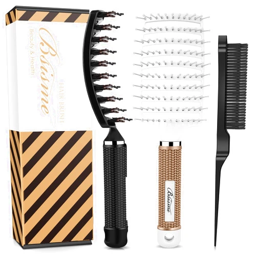 Bsisme Hair Brush Comb Set, Boar Bristle Hair Brushes for Women Men Kids, Curved Vented Styling Brush Faster Blow Drying, Paddle Detangling Brush for Wet Dry Curly Thick Straight Hair (Black White)