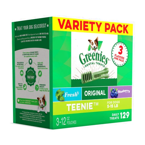 GREENIES TEENIE Natural Dog Dental Care Chews Oral Health Dog Treats 3-Flavor Variety Pack, (3) 12 oz. Pouches, 129 Total Treats,Green