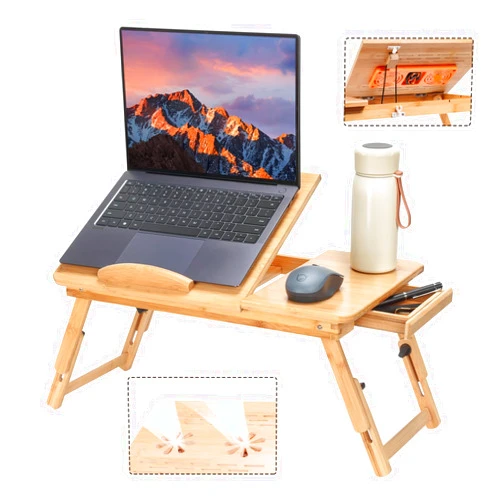 JELNER Adjustable Bamboo Laptop Desk with Cooling Fan, Foldable Bed Tray for Breakfast, Writing, and Drawing, with Tilting Top and Drawer, Portable Lap Desk for Bed, Sofa, and Floor.