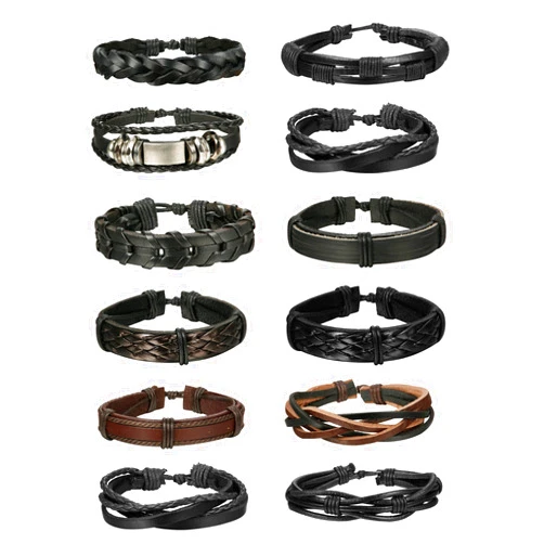 Jstyle 12Pcs Braided Bracelet for Men Beaded Bracelets Wrap Leather Wooden Bracelets Adjustable