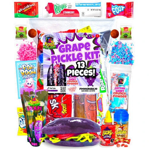 Food Crush Grape Pickle Kit | Candy Gift Pouch-Gifts For Kids teens teen girl boy | w/Fruit Roll ups, skwinkles salsagheti, Lucas chamoy sauce, Mexican candy snacks Variety Pack Tiktok trend items by Food Crush