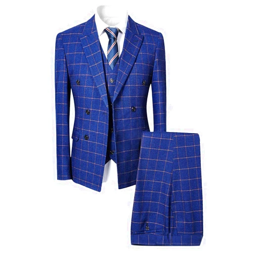 Cloudstyle Mens Blue Slim Fit 3 Piece Checked Suits Double Breasted Vintage Fashion