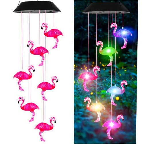 AIONASA Solar Wind Chimes, Flamingo Wind Chimes Birthday Gifts for Mom Grandma Dad, IP65 Waterproof Memorial Wind Chimes with 7 Color Changing LED Lights, Outdoor Decor Garden Yard Decorations