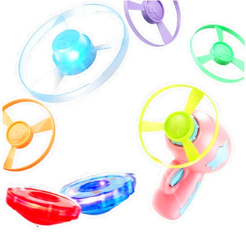 Vilbocr Flying Disc Launcher Toy,Fun and Easy-to-Use Outdoor Toys Outside Yard Games Kids 3-8,1 Flying Saucer & 6 Discs and Gyroscope(2 Glow in The Dark)，Launch up to 32 ft (Pink)