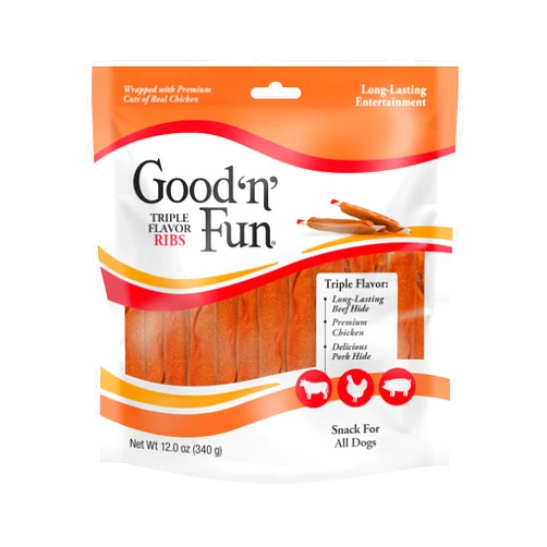 GOOD 'N' FUN Good ‘n’ Fun Triple Flavor Ribs Chews for All Dogs, 12 Ounces, Treat Your Dog to Long-Lasting Chews Made with Beef Hide, Chicken and Pork Hide