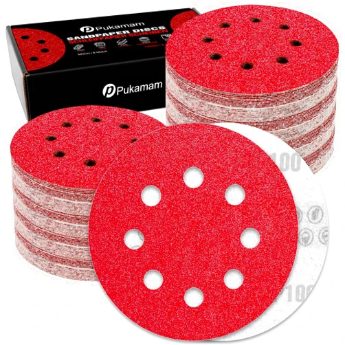 Pukamam 120 Pcs 5 inch Sanding Discs 100 Grit 8 Hole Hook and Loop Round Sandpaper for Random Orbital Sander