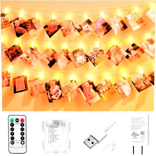 MOSKILA 40 LED Photo Clip String Lights for Bedroom Wall Decor┃Battery or Plug In┃Fairy Lights to Hang Pictures Christmas Cards, Wedding Photos┃20ft Soft White┃Photo Lights with Clips for Picture Hanging