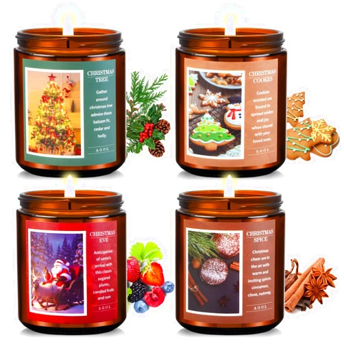 AGOL 4 Pack New Year's, Christmas Candles, Exquisite Christmas Scented Candles Set, Amber Jar Natural Soy Candle Sets, Christmas Candle Gift Sets for Women Men Spa, Sleep, Yoga, Read