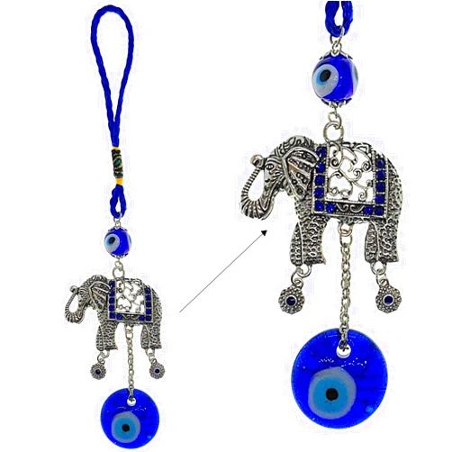 LUCKBOOSTIUM Silver Elephant w/Blue, White & Black Resin Evil Eye Beads Tassels Charms - Evil Eye Car Hanging Ornament-Rear View Mirror Accessories-Keychain Charm for Bag, Home & Office Door