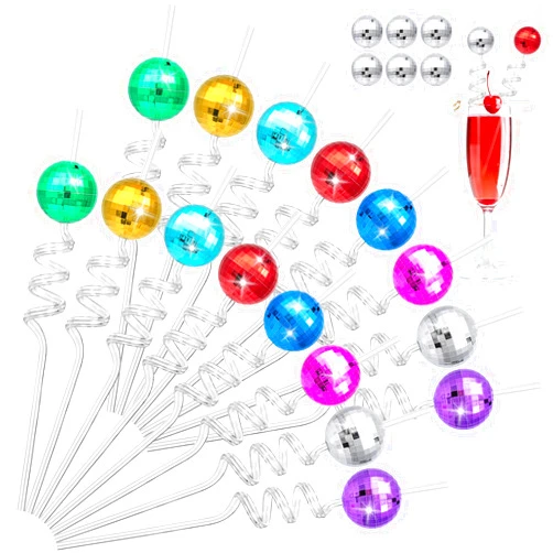 HFKPJRT 16 Pcs Disco Straws, Mirror Party Straws for Decorations, Colorful Disco Ball Straws/Stirrers, Reusable Plastic Straws 70s Disco Straws for Birthday Bachelorette Wedding Holiday Dance Pub