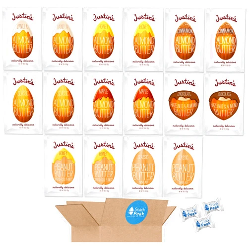 Snack Peak Justin’s Nut Butters Squeeze Packs Snack Peak Variety Gift Box – Almond (Original, Cinnamon, Maple, Honey, Vanilla), Peanut (Original, Honey) and Chocolate Hazelnut