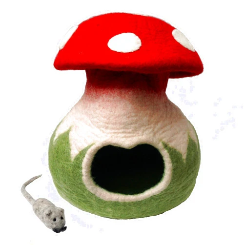 Mokoboho 100% Wool Felt Cat Cave Bed Mushroom Handmade in Nepal with Free Mouse Toy Included