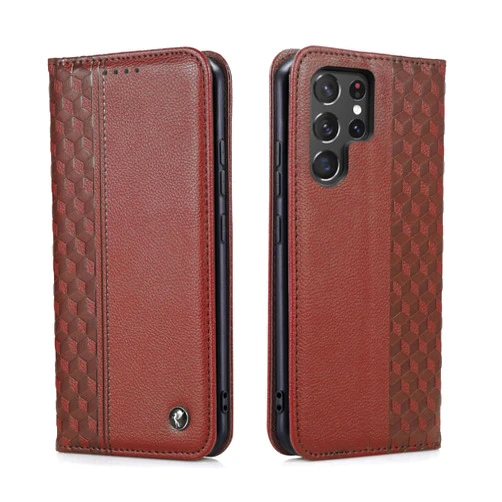 TOHULLE Case for Samsung Galaxy S22 Ultra, Premium PU Leather Wallet Case Card Holder Kickstand Built-in Magnetic Closure Plaid Pattern Flip Folio Phone Cover for Samsung Galaxy S22 Ultra - Brown