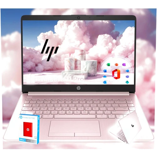HP 14 Ultrabook • Intel 4-Core CPU • Back to School Limited Edition with Microsoft 365 • 32GB RAM • 1600GB Storage (64GB OnBoard withHP 512GB P500 Portable SSD + 1TB OneDrive) • Win 11 Pro • Pink