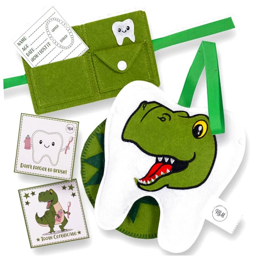 V&M Cuddles Dinosaur Tooth Fairy Pillow Boy-Tooth fairy kit w/Notepad & Keepsake Photo Pouch-Felt Tooth Fairy Box - Dear Tooth Fairy Notepad - Keepsake Tooth fairy Pouch for Teeth - Tooth Fairy Pillow boy & Girls