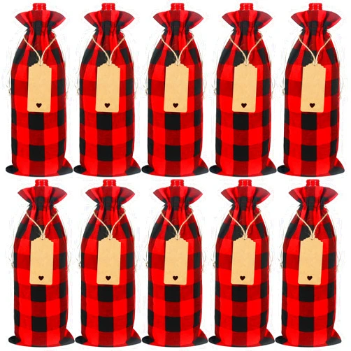 Shintop Christmas Wine Bags, 12 Pcs Buffalo Plaid Bottle Gift Bags with Drawstring & Tags Reusable Wine Bottle Cover for Christmas Wedding Birthday Holiday Party (14.6x6.3inch)