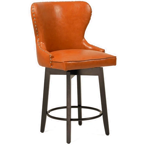 CUYOCA Swivel Bar Stool Counter Height Barstool with Rivet Trim Wing Backs & Wood Frame Legs, Upholstered Traditional Barstools for Kitchen Island Pub Bistro, Saddle Brown