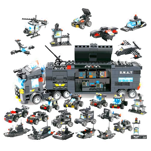 FAFAFA Toys 8 in 1 City Police Station Building Kit, SWAT Mobile Command Center Truck Building Toy with Police Car, Helicopter, Patrol Boat, Best Learning and Roleplay Swat Toy Gift for Boys and Girls-647 Pieces