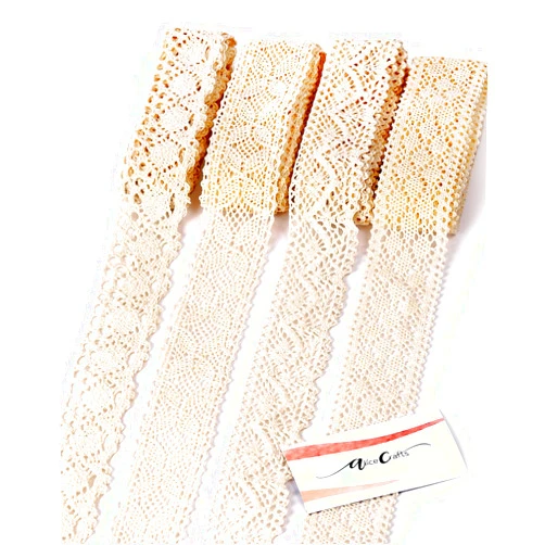 Alice Crafts 1.57 in by 20 Yard Beige Cotton Ribbon Lace Trim by Alice Crafts | 4 Rolls x 5 Yards Each, Set of 4 Assorted Patterns