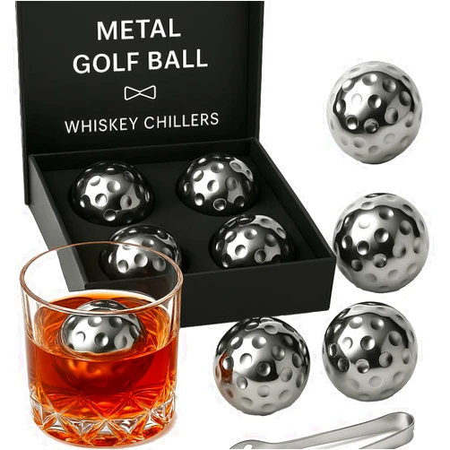 The Wine Savant Golf Ball Whiskey Chillers, 5 Set, Stainless Steel Whiskey Stones, Rocks, Great for Parties or for Bar Use, 4 Balls Stone Rock Cubes for Whiskey, Bourbon Vodka, Scotch, Metal Gift - Gifts for Golfers
