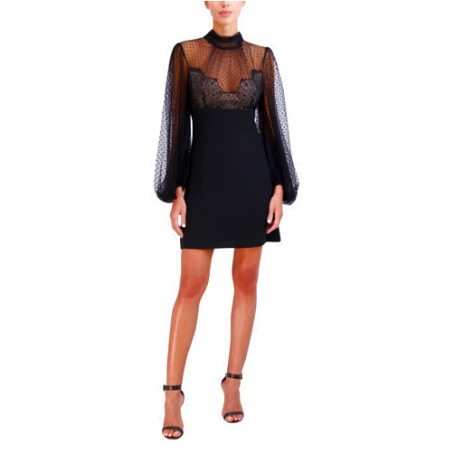 BCBGMAXAZRIA Women's Long Puff Sleeve Mock Neck a Line Mini Evening Dress