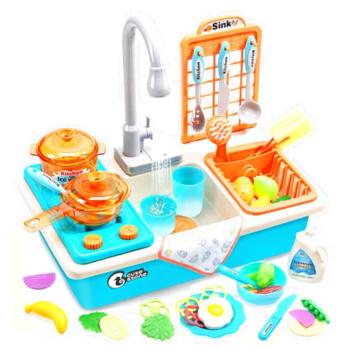 CUTE STONE Play Kitchen Sink Toys with Upgraded Real Faucet, Play Cooking Stove, Cookware Pot and Pan,Play Food, Color Changing Dishes Accessories for Boys Girls Toddlers