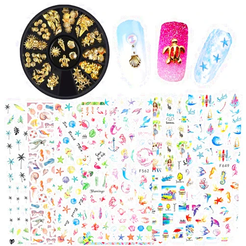 BonnieSam 1Box+8Sheets Summer Nail Art Stickers Manicure Decal Metal Stud Charm for Acrylic Nails Palm Trees Flamingo Sealife Starfish Mermaid Ocean Styles (Ocean Style)