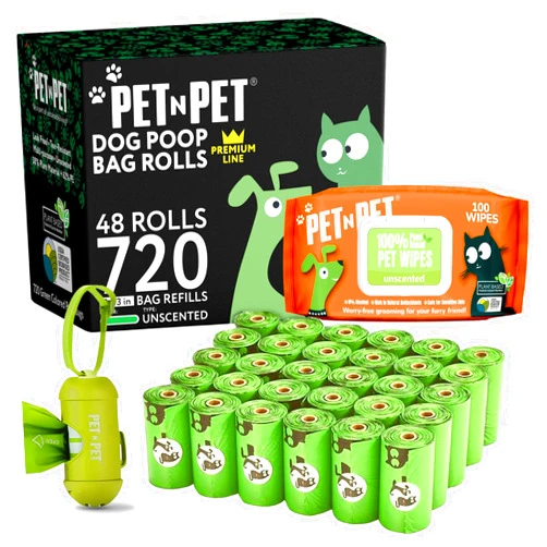 Pet N Pet 720 Counts, Unscented Dog Poop Bags Rolls, 38% Plant Based & 62% PE + 100% Plant Based Dog Wipes for Paws and Butt, 100 Counts Dog Pet Wipes, 8