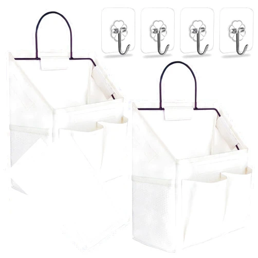 Kanrichu 2pcs Small Wall Hanging Organizer Bag, Linen Fabric Door Hanging Storage Basket with Pockets, Waterproof Bin for Kitchen, Bedroom, Office, RV Camper (White)