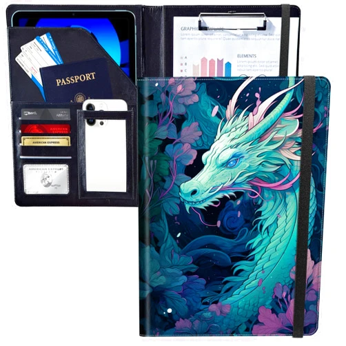 JANENFNA Art Dragon Padfolio Portfolio Leather Binder, Resume Portfolio Folder with Elastic Band, Conference/Legal Document Organizer with A4 Size ClipboardWith 4 Card Holder