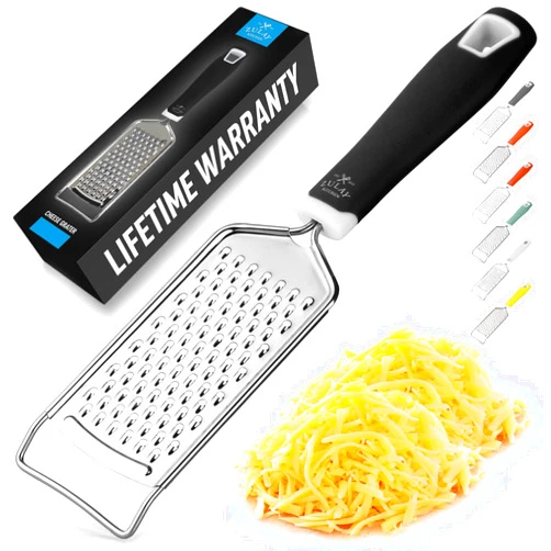 Zulay Kitchen Professional Cheese Grater Stainless Steel - Durable Rust-Proof Metal Lemon Zester Grater With Handle - Flat Handheld Grater For Cheese, Chocolate, Spices, And More - Black