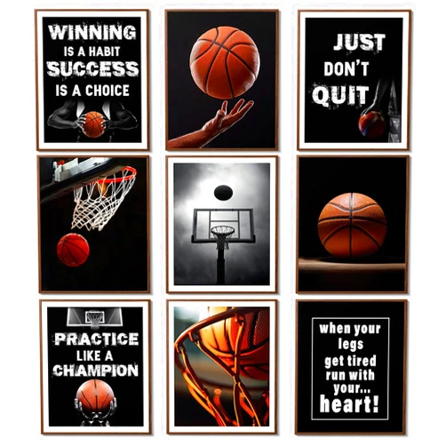 JBZDD JBZZD 9Pcs Basketball Canvas Wall Art Inspirational Sport Theme Painting Picture Wall Decor Black White Motivational Quotes Poster Print Artwork for Teen Boys Kids Room Decor Unframed 8x10in