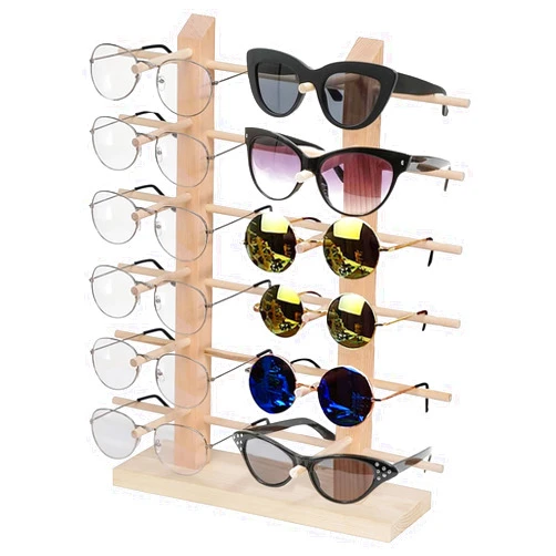 Voittozege 12 Pair Wood Sunglass Display Rack, Wooden Sunglasses Rack Wooden Glasses Display Stand Holder Organizer Eyewear Holder Organizer for Home or Glasses Shop Display (6 Tier)